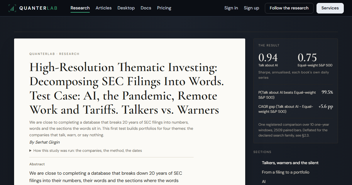High-Resolution Thematic Investing: Decomposing SEC Filings Into Words. Test Case: AI, the Pandemic, Remote Work and Tariffs. Talkers vs. Warners